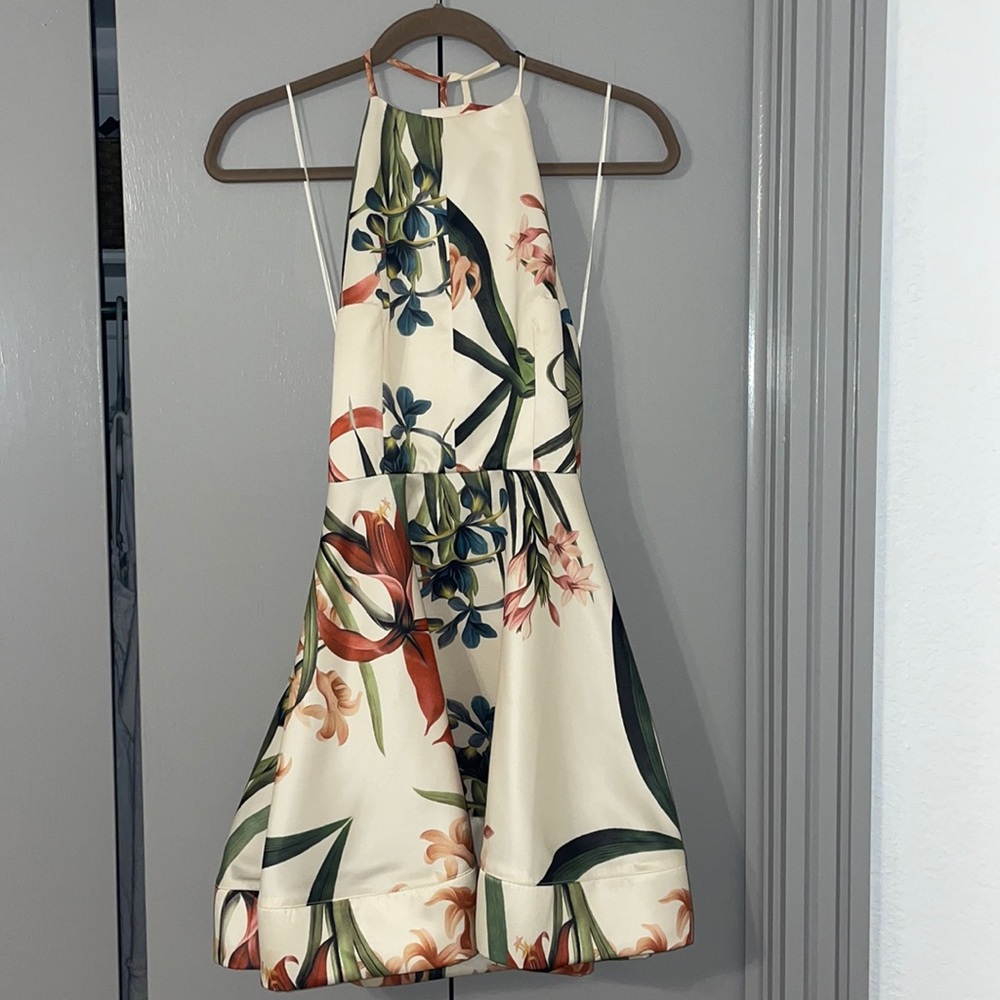 Lulus Satin floral dress open back high neck